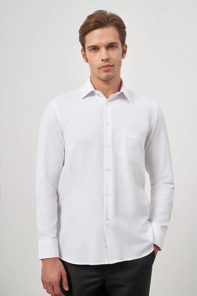 Beyaz Uzun Kol Kendinden Desenli Armürlü Sert Yaka Classic Comfort Fit Gömlek 1004245157 ürün görseli 1