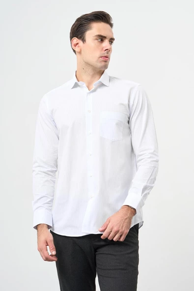 Beyaz Uzun Kol Desen Yarım İtalyan Yaka Cepli Pamuklu Classic Comfort Fit Gömlek 1004245183 ürün görseli 1