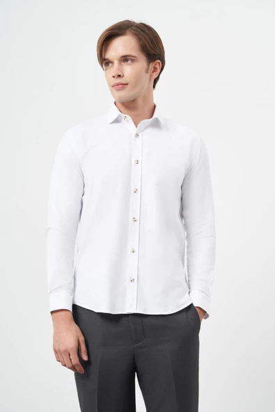 Uzun Kol Düz Yarım İtalyan Yaka Cepsiz Pamuklu Classic Slim Fit Gömlek 1004245211 ürün görseli 1