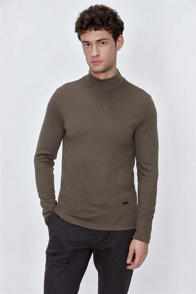 Koyu Kahverengi Suprem Yarım Balıkçı Yaka  Casual Comfort Fit Rahat Kesim Likralı Sweatshirt 1013225103 ürün görseli 1