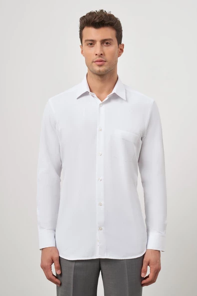 Beyaz Uzun Kol Kendinden Desenli Armürlü Sert Yaka Classic Comfort Fit Gömlek 1004245154 ürün görseli 1