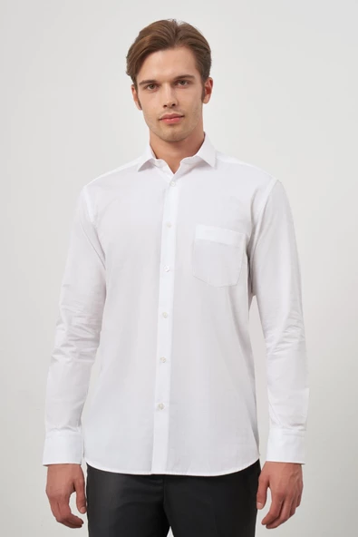Beyaz Uzun Kol Kareli Desen İtalyan Yaka Cepli Pamuklu Classic Comfort Fit Gömlek 1004245173 ürün görseli 1