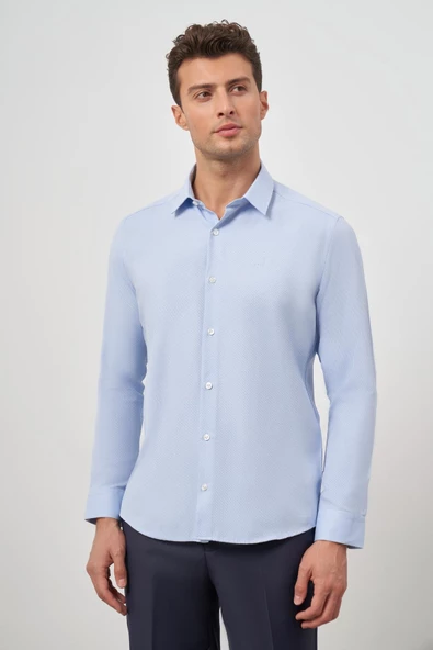 Mavi Uzun Kol Kendinden Desenli Armürlü 032 Sert Yaka Classic Slim Fit Gömlek 1004245151 ürün görseli 1