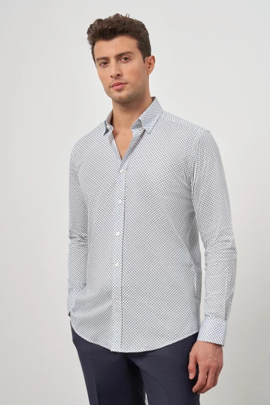 Beyaz Uzun Kol Perfectto Alttan Biritli Yaka Cepsiz Pamuklu Classic Slim Fit Gömlek 1004240259 ürün görseli 1