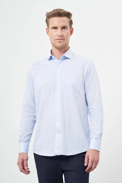 Mavi Uzun Kol Desen Yarım İtalyan Yaka Cepli Pamuklu Classic Comfort Fit Gömlek 1004245182 ürün görseli 1