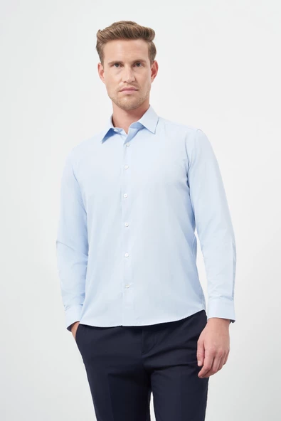 Mavi Uzun Kol Düz Bez Ayağı Sert Yaka Cepsiz Pamuklu Classic Slim Fit Gömlek 1004245267 ürün görseli 1