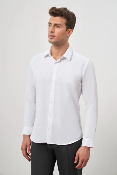 Beyaz Uzun Kol Kendinden Desenli Armürlü 32 Sert Yaka Classic Slim Fit Gömlek 1004245152 ürün görseli 1