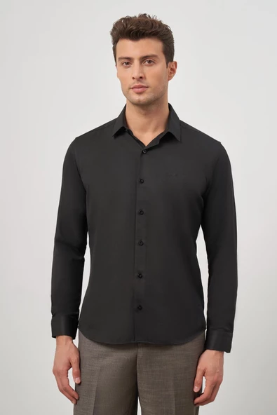 Siyah Uzun Kol Kendinden Desenli Armürlü 32 Sert Yaka Classic Slim Fit Gömlek 1004245152 ürün görseli 1