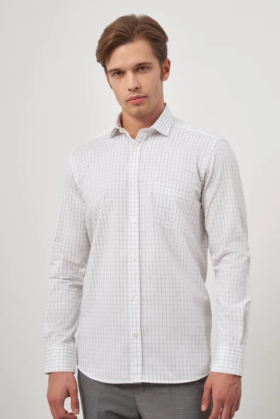 Beyaz Uzun Kol Kareli Desen Gabardin Yarım İtalyan Cepli Classic Comfort Fit Gömlek 1004245193 ürün görseli 1