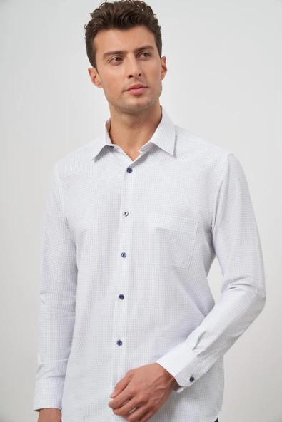 Beyaz Uzun Kol Kareli Desen Bez Ayağı Sert Yaka Cepli Pamuklu Classic Comfort Fit Gömlek 1004245158 ürün görseli 1