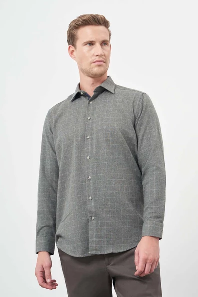 Haki Uzun Kol Kareli Desen Gabardin Cepsiz Pamuklu Classic Comfort Fit Gömlek 1004245166 ürün görseli 1