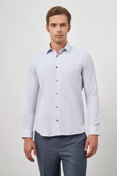 Gri Uzun Kol Kendinden Desenli Armürlü 032 Sert Yaka Classic Slim Fit Gömlek 1004245151 ürün görseli 1
