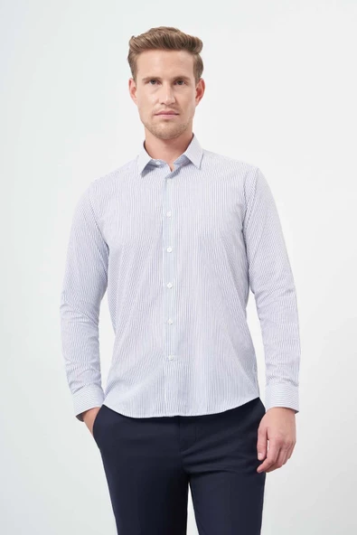Beyaz Uzun Kol Çizgili Desen Oxford Sert Yaka Cepsiz Pamuklu Classic Slim Fit Gömlek 1004245206 ürün görseli 1