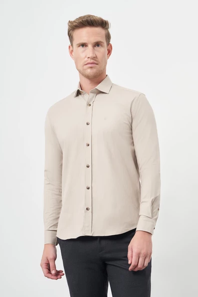 Bej Uzun Kol Düz Yarım İtalyan Yaka Cepsiz Pamuklu Classic Slim Fit Gömlek 1004245211 ürün görseli 1