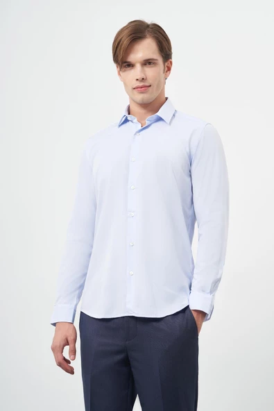 Mavi Uzun Kol Kendinden Armürlü Cepsiz Pamuklu Classic Slim Fit Gömlek 1004245202 ürün görseli 1