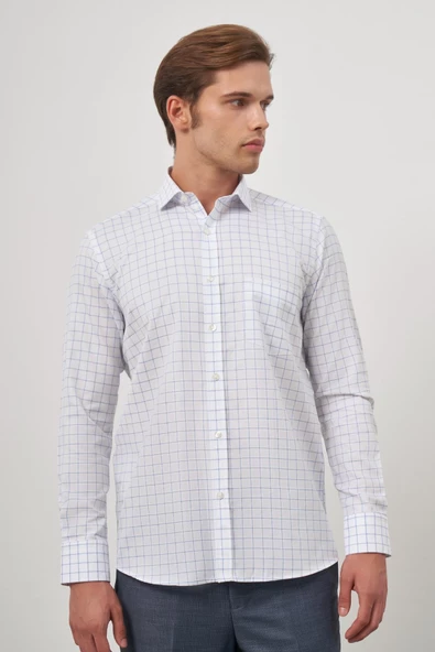 Beyaz Uzun Kol Kareli Desen Yarım İtalyan Cepli Classic Comfort Fit Gömlek 1004245196 ürün görseli 1