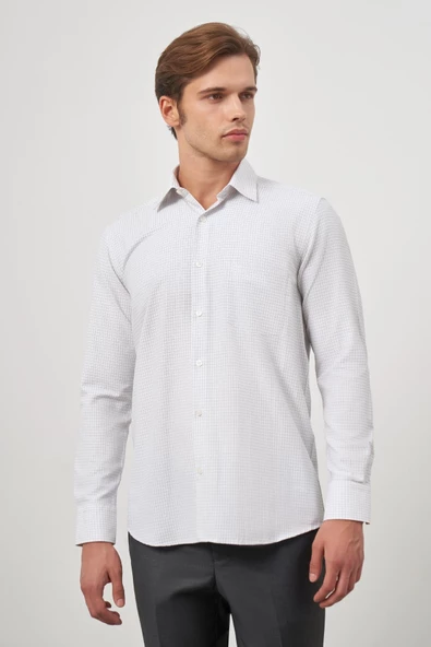 Beyaz Uzun Kol Kareli Desen Bez Ayağı Sert Yaka Cepli Pamuklu Classic Comfort Fit Gömlek 1004245163 ürün görseli 1