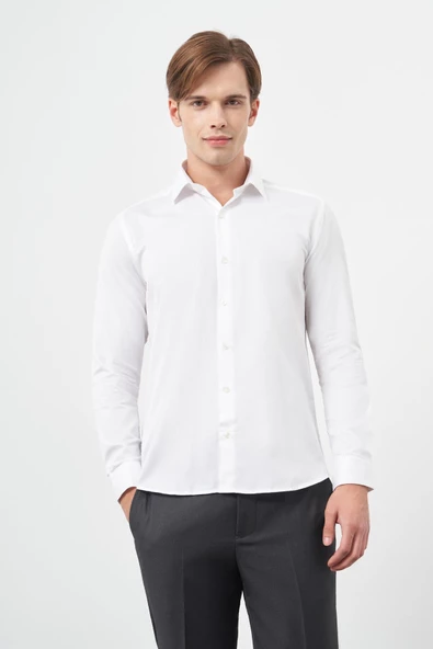 Beyaz Uzun Kol Düz Gabardin Sert Yaka Cepsiz Pamuklu Classic Slim Fit Gömlek 1004245203 ürün görseli 1