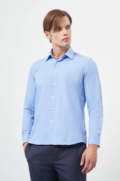 Mavi Uzun Kol Düz Bez Ayağı Sert Yaka Cepsiz Pamuklu Classic Slim Fit Gömlek 1004245267 ürün görseli 1
