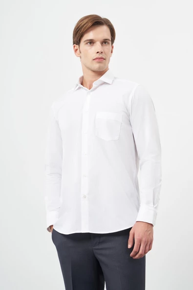 Beyaz Uzun Kol İtalyan Yaka Cepli Pamuklu Classic Comfort Fit Gömlek 1004245171 ürün görseli 1