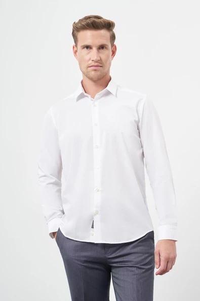 Beyaz Uzun Kol Kendinden Armürlü Cepsiz Pamuklu Classic Slim Fit Gömlek 1004245202 ürün görseli 1
