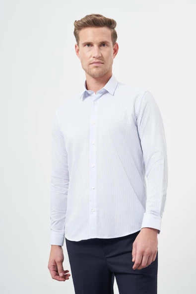 Beyaz Uzun Kol Çizgili Desen Oxford Sert Yaka Cepsiz Pamuklu Classic Slim Fit Gömlek 1004245206 ürün görseli 1