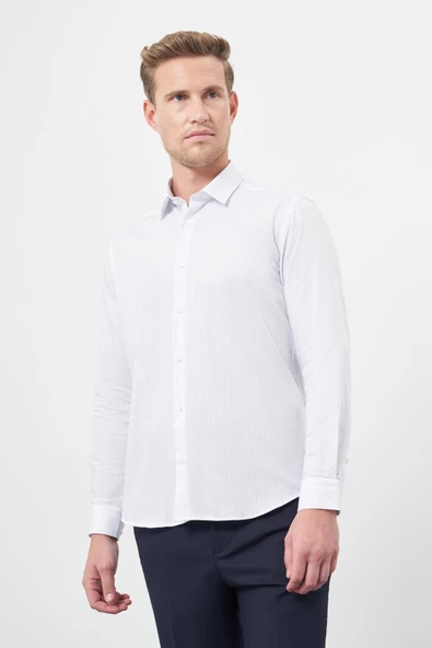 Beyaz Uzun Kol Çizgili Desen Gabardin Sert Yaka Cepsiz Pamuklu Classic Slim Fit Gömlek 1004245205 ürün görseli 1