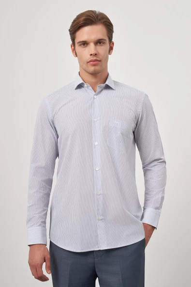 Beyaz Uzun Kol Desen Yarım İtalyan Yaka Cepli Pamuklu Classic Comfort Fit Gömlek 1004245175 ürün görseli 1