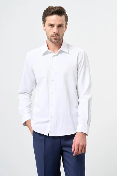Beyaz Uzun Kol Düz Bez Ayağı Sert Yaka Cepsiz Pamuklu Classic Slim Fit Gömlek 1004245267 ürün görseli 1