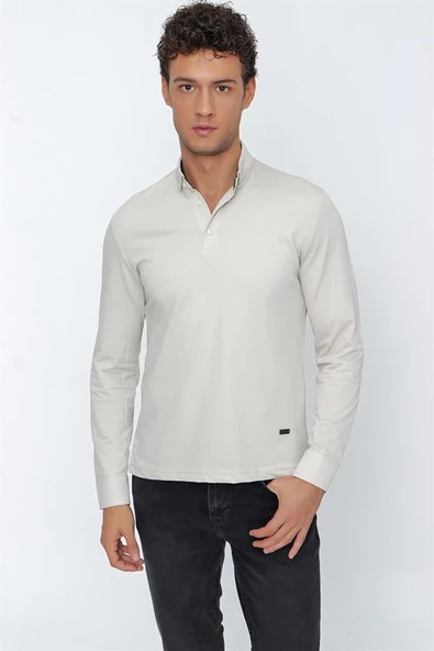 Taş Rengi Uzun Kollu Suprem Polo Yaka Garnili Casual Slim Fit Dar Kesim %100 Pamuk Sweatshirt 1013225100 ürün görseli 1
