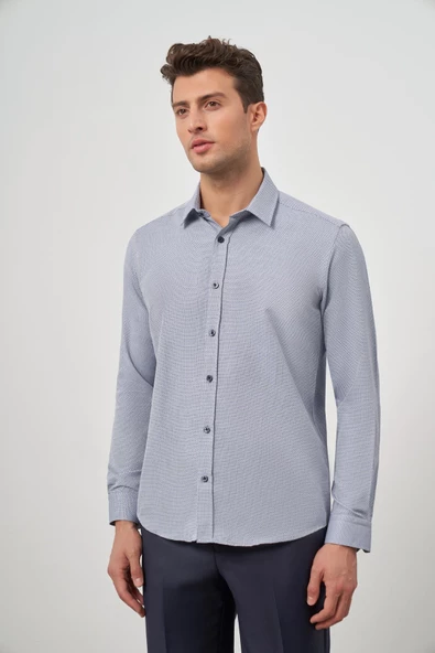 Lacivert Uzun Kol Kendinden Armürlü Cepsiz Pamuklu Classic Slim Fit Gömlek 1004245161 ürün görseli 1