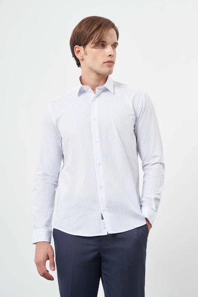 Beyaz Uzun Kol Çizgili Desen Cepsiz Classic Slim Fit Gömlek 1004245209 ürün görseli 1