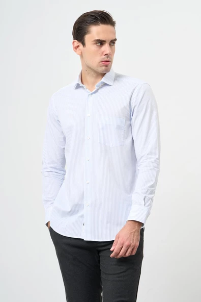 Beyaz Uzun Kol Desen Yarım İtalyan Yaka Cepli Pamuklu Classic Comfort Fit Gömlek 1004245183 ürün görseli 1