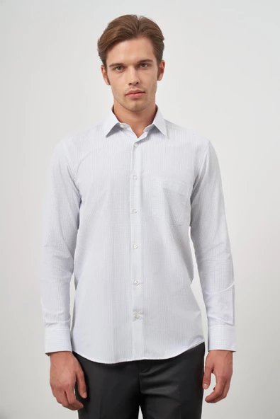 Beyaz Uzun Kol Kareli Desen Bez Ayağı Sert Yaka Cepli Pamuklu Classic Comfort Fit Gömlek 1004245159 ürün görseli 1