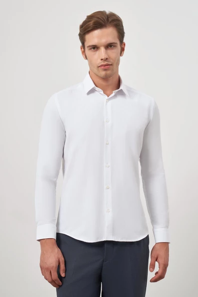 Beyaz Uzun Kol Kendinden Desenli Armürlü 032 Sert Yaka Classic Slim Fit Gömlek 1004245151 ürün görseli 1