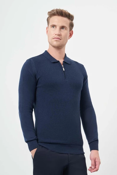 İndigo Mavi Uzun Kol Kendinden Desenli Örme Polo Yaka Classic Comfort Fit Triko 1012245156 ürün görseli 1