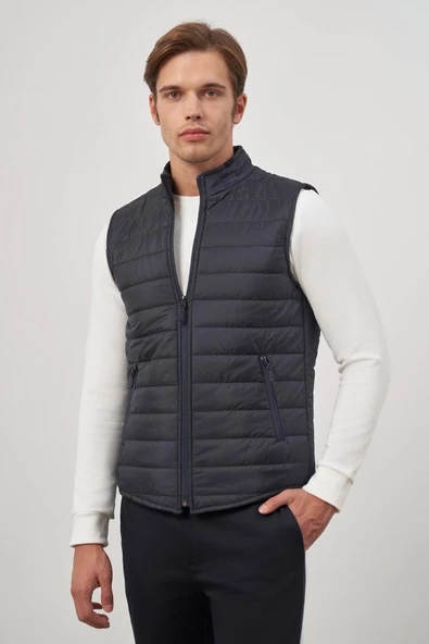 Lacivert Kapitone Dik Yaka Düz Garnisiz-Biyesiz Slim Fit Yelek 1009245150 ürün görseli 1