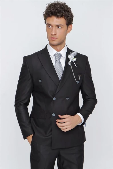 Siyah Gabardin Kırlangıç Yaka Tam Astar Kruvaze 6 Drop Slim Fit Dar Kesim Takım Elbise 1001225175 ürün görseli 1
