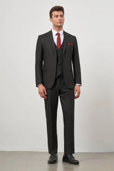 Siyah Kırlangıç Yaka Çizgili Yelekli 6 Drop Slim Fit Tam Astar Yünlü Takım Elbise 1001245154 ürün görseli 1