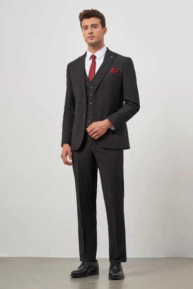Siyah Kırlangıç Yaka Yelekli 6 Drop Slim Fit Tam Astar Esnek Takım Elbise 1001245151 ürün görseli 1