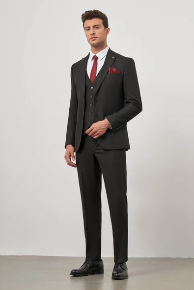 Siyah Kırlangıç Yaka Çizgili Yelekli 6 Drop Slim Fit Tam Astar Yünlü Takım Elbise 1001245153 ürün görseli 1
