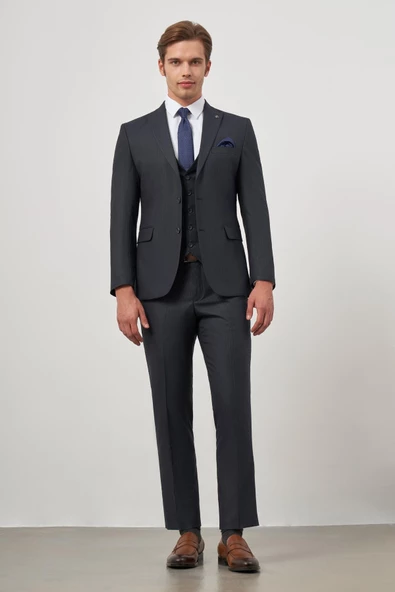 Lacivert Kırlangıç Yaka Çizgili Yelekli 6 Drop Slim Fit Tam Astar Yünlü Takım Elbise 1001245154 ürün görseli 1