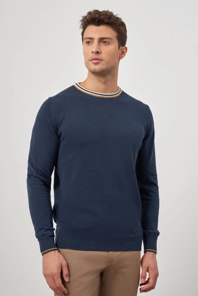 İndigo Uzun Kol Düz Örme Bisiklet Yaka Classic Slim Fit Triko 1012245108 ürün görseli 1
