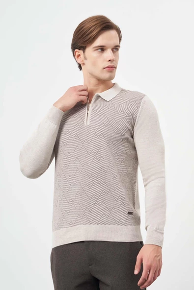 Bej Uzun Kol Kendinden Desenli Örme Polo Yaka Classic Comfort Fit Triko 1012245160 ürün görseli 1