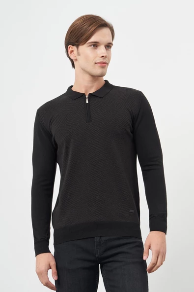 Siyah Uzun Kol Kendinden Desenli Örme Polo Yaka Classic Comfort Fit Triko 1012245160 ürün görseli 1