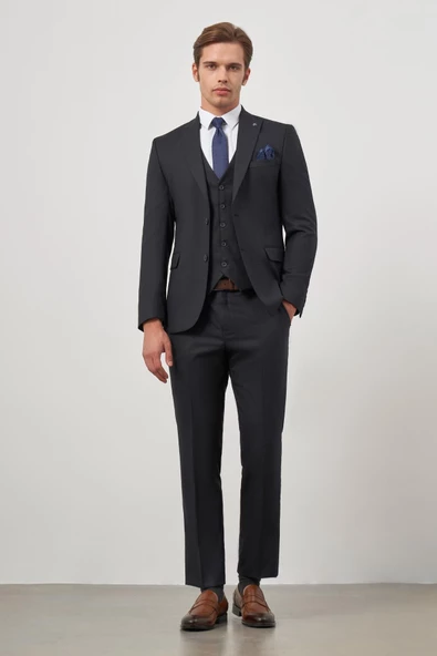Lacivert Kırlangıç Yaka Yelekli 6 Drop Slim Fit Tam Astar Yünlü Takım Elbise 1001245156 ürün görseli 1