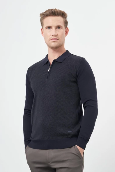 Koyu Lacivert Uzun Kol Kendinden Desenli Örme Polo Yaka Classic Comfort Fit Triko 1012245160 ürün görseli 1