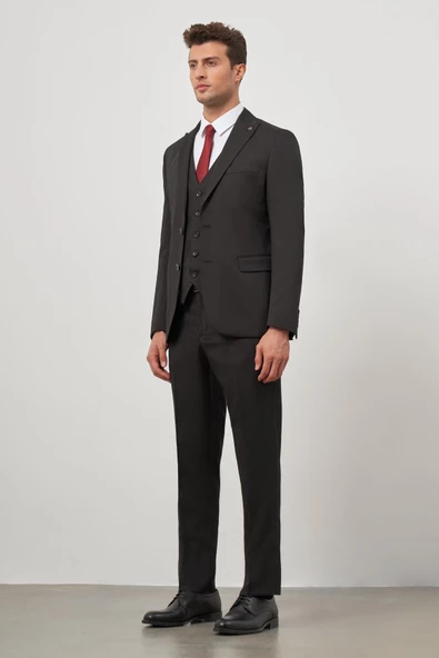 Siyah Kırlangıç Yaka Yelekli 6 Drop Slim Fit Tam Astar Takım Elbise 1001245152 ürün görseli 1