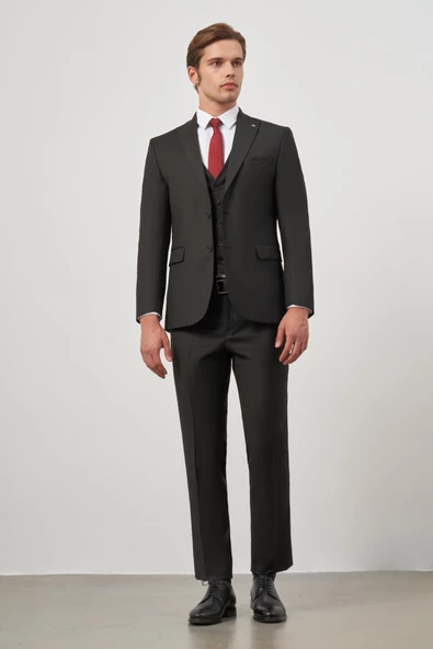 Siyah Kırlangıç Yaka Çizgili Yelekli 6 Drop Slim Fit Tam Astar Yünlü Takım Elbise 1001245155 ürün görseli 1