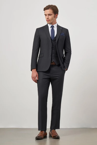 Lacivert Kırlangıç Yaka Çizgili Yelekli 6 Drop Slim Fit Tam Astar Yünlü Takım Elbise 1001245155 ürün görseli 1